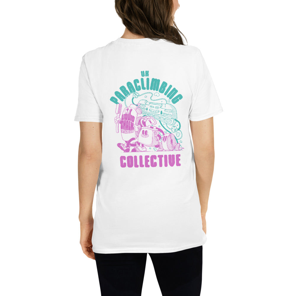 A white t-shirt viewed from the back with a cyan and magenta design. The design says "UK Paraclimbing Collective" and has various climbing-related objects as cute characters on it.