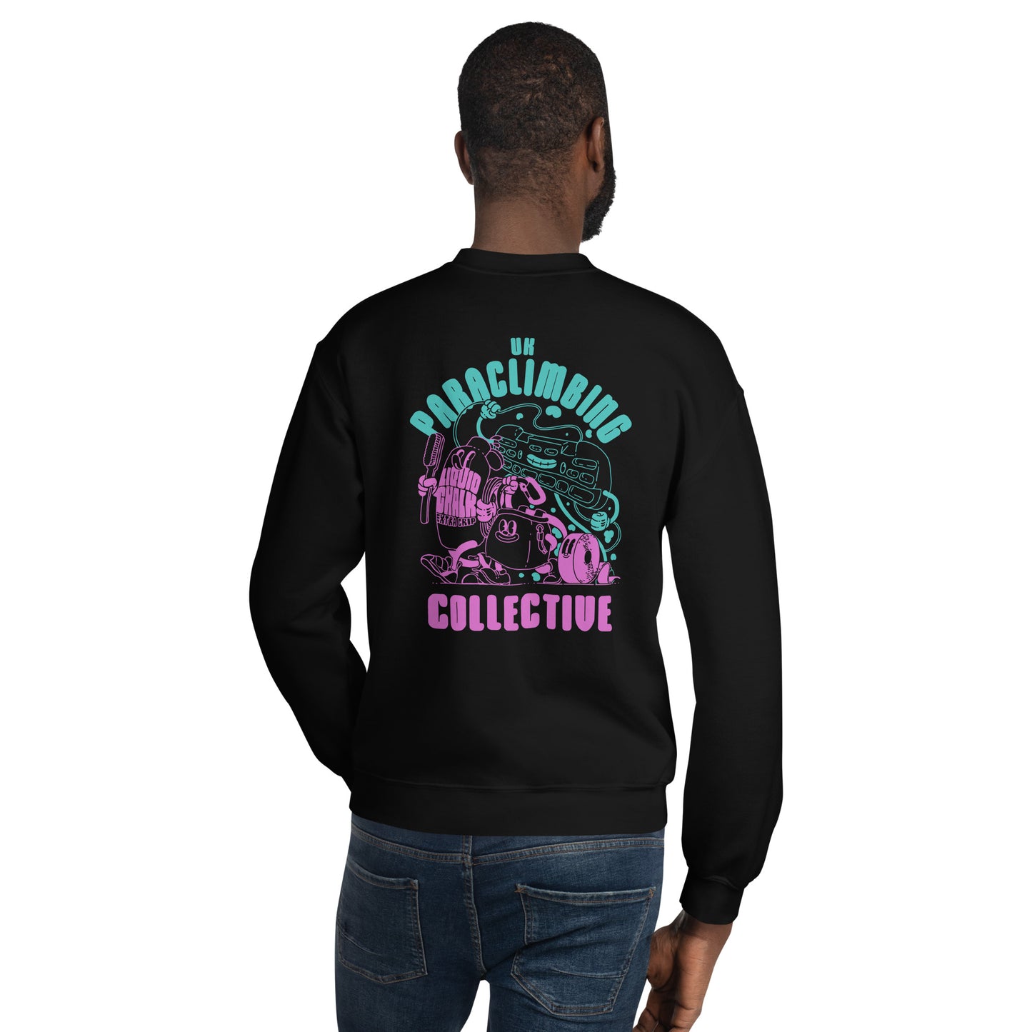 A black sweatshirt viewed from the back with a cyan and magenta design. The design says "UK Paraclimbing Collective" and has various climbing-related objects as cute characters on it.