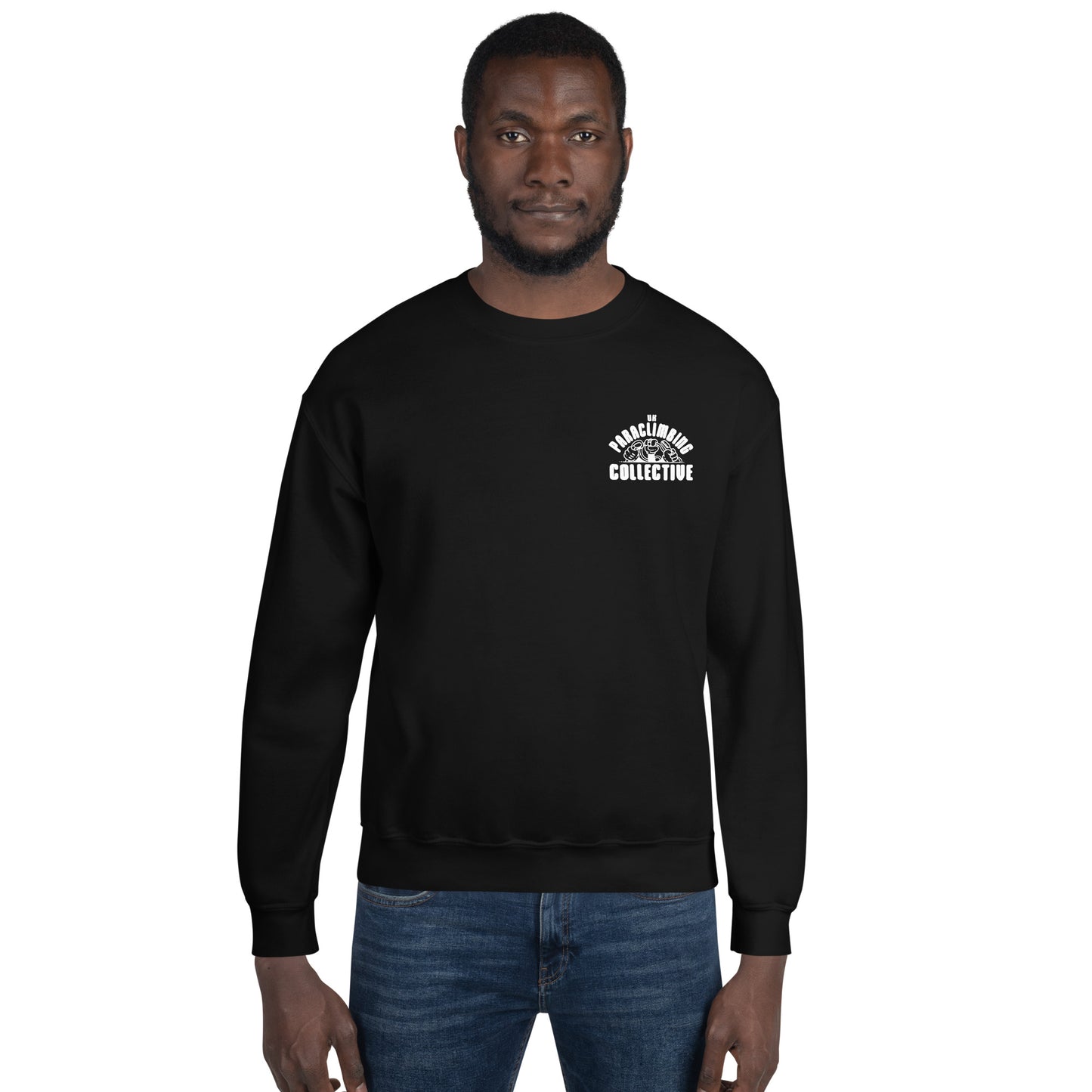 A black sweatshirt with the white UK Paraclimbing Collective logo on the left breast. The logo is "UK paraclimbing collective" with hands holding climbing ropes and quickdraws