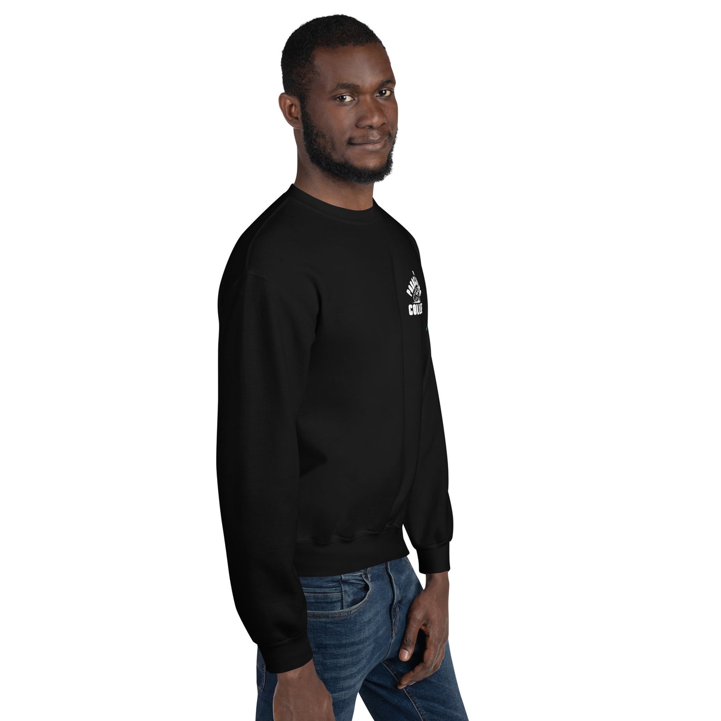 A black sweatshirt with the white UK Paraclimbing Collective logo on the left breast. The logo is "UK paraclimbing collective" with hands holding climbing ropes and quickdraws